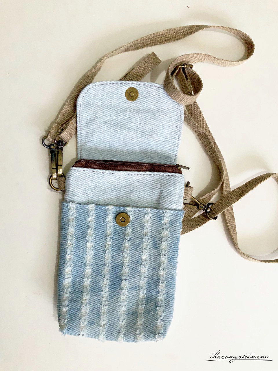 Túi handmade vải vintage 12*19*2cm- Jean xanh trắng